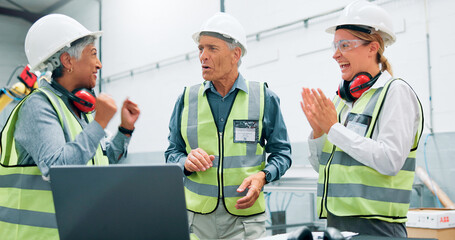 Teamwork, engineer people and applause to celebrate for success, innovation and win at factory. Employee women, man and collaboration for productivity, software engineering and clapping hands