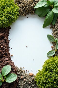 A vibrant arrangement of lush greenery, fertile soil, and earthy textures forms a captivating frame, ideal for showcasing your message or design.