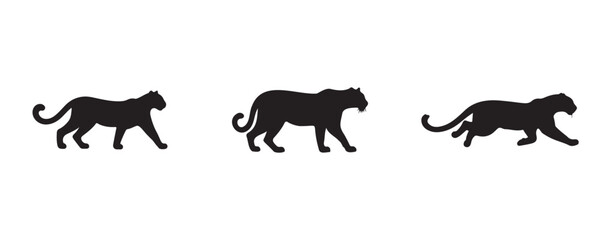 Stylized leopard silhouettes showing stalking, walking, and chasing postures, representing hunting instincts and jungle behavior