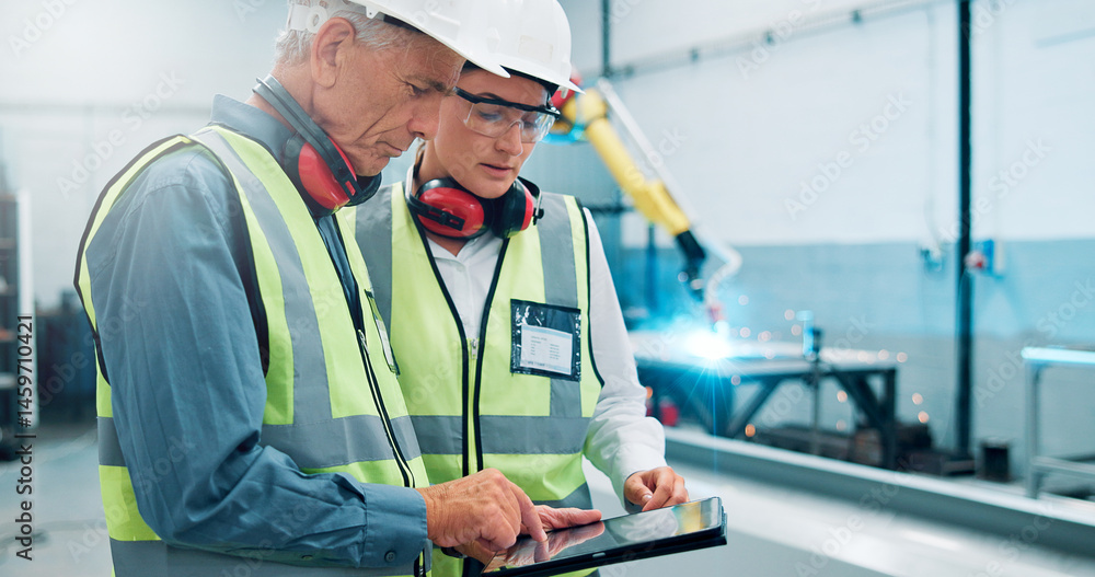 Poster people, engineer and laptop at robotics factory for research, machine update and technical guide. ma