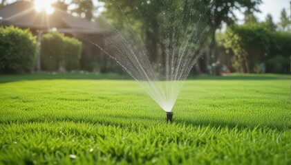 Automatic sprinkler system watering lush green lawn, green, outdoor watering, ecology