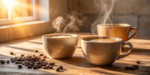 Fototapeta premium Warm morning sunlight streams through a window, illuminating three steaming cups of coffee and scattered coffee beans on a rustic wooden table.