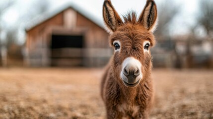 Fototapeta premium A delightful close-up portrait of a young donkey smiling gently, set against a rustic barn background that enhances the rural charm of this beautiful animal.