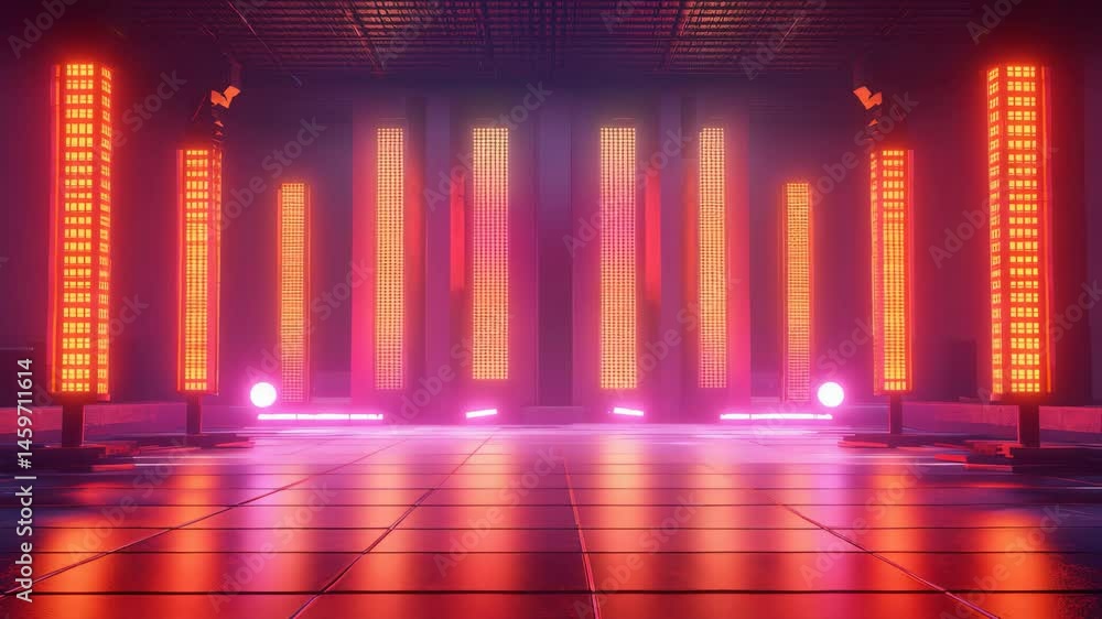 Poster vibrant red room with striking red lights and stage creating an intense atmospheric visual experienc