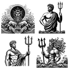 Fototapeta premium Poseidon or Neptune, the god of the sea, holding tridents Set collection bundle sketch engraving generative ai PNG illustration. Scratch board imitation. Black and white image.