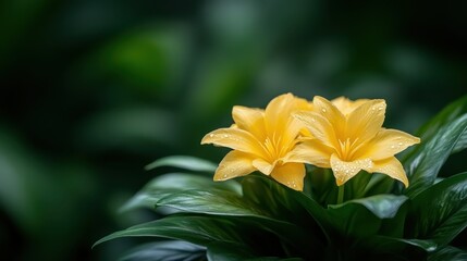 Obraz premium An image showcasing elegant yellow flowers displaying their beauty and freshness, framed by lush green foliage, evoking a sense of peace and natural beauty.