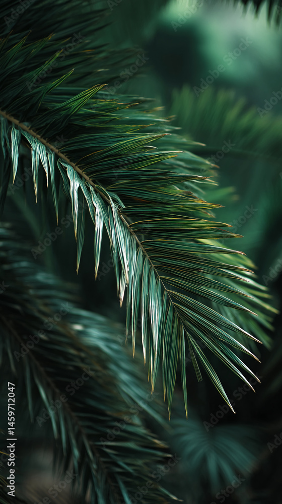 Poster close-up of dark green palm frond, showing detailed texture and lines, creating a lush and tropical 
