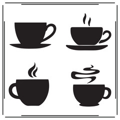 Coffee and tea cup silhouette set – steaming mug vector icons for cafe menu, hot beverage designs, morning drink illustrations, kitchen decor, coffee shop branding, or cozy graphics.

