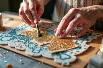 Female hands crafting glitter heart art on decorated wooden board