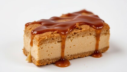 Closeup of creamy caramel toffee sauce drizzled on dessert kitchen table food photography warm environment top view