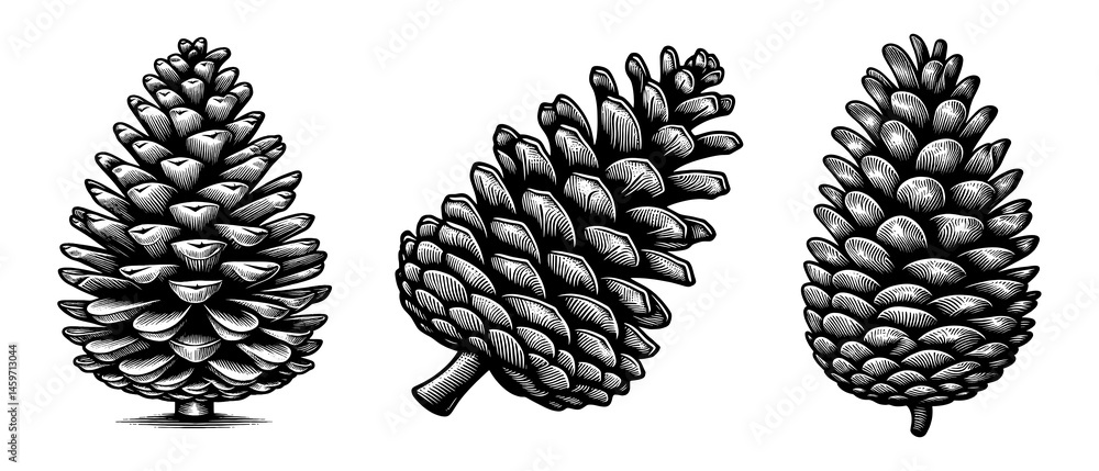 Poster pine cone set collection bundle sketch engraving generative ai png illustration. scratch board imita