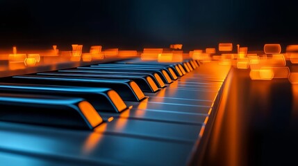 Obraz premium Illuminated Piano Keys - Close-up of a modern piano keyboard with glowing orange keys, creating a vibrant and musical