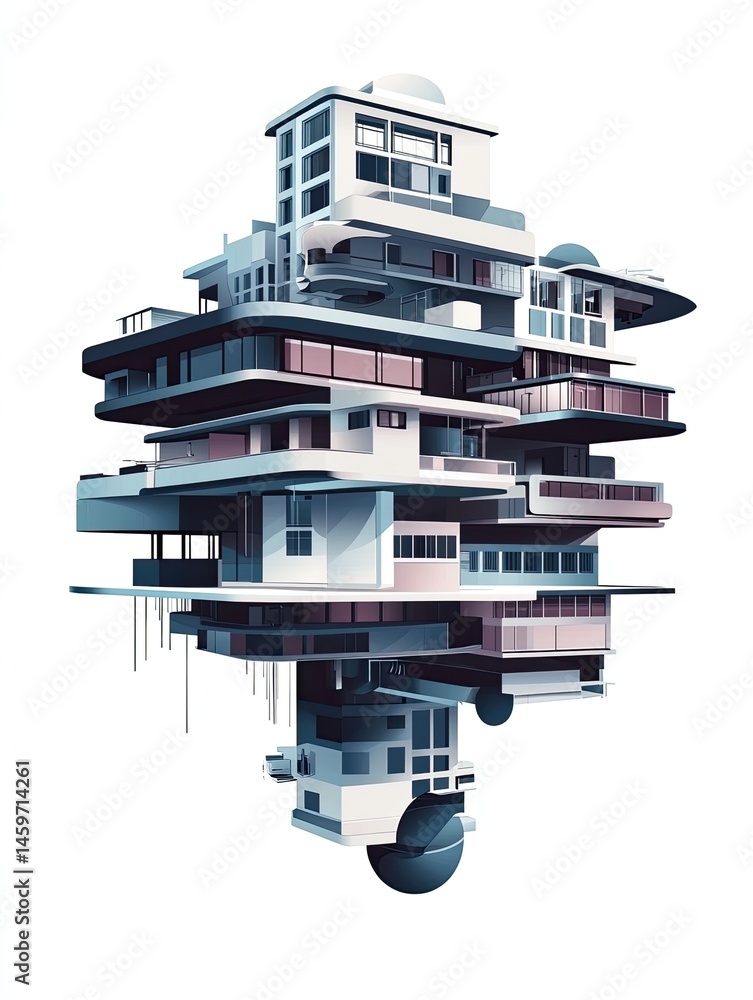 Poster abstract architectural structure in shades of blue and white, designed with a multi-layered appearan