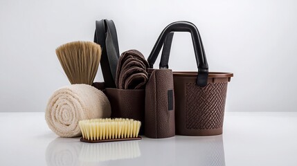 Horse grooming supplies in a brown basket