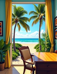 Fototapeta premium Tropical beach view from a cozy home office with palm trees