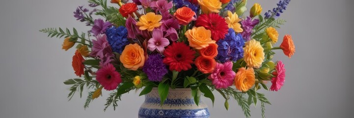 A vibrant bouquet overflows from a ceramic vase , photography, picture