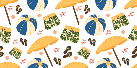 Summer beach pattern featuring tropical monstera swim trunks, striped beach balls, yellow parasols, flip-flops, sea shells, and fun squiggles on a white background, perfect for summer vacation design