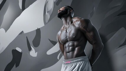 Athletic build African descent man looking up on studio abstract style background. Fitness, health, bodybuilder posing.