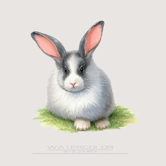 A watercolor bunny sitting upright with ears up and big eyes. Calm and gentle, perfect for kids' designs and spring themes.