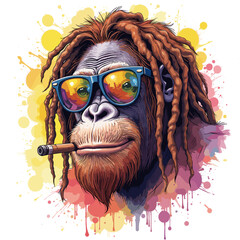 Orangutan with sunglasses and a cigar on a transparent background, vector illustration