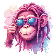 Pink monkey wearing sunglasses and smiling on a transparent background, vector illustration