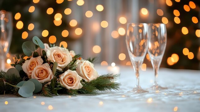 An inviting table setting featuring sparkling champagne glasses paired with elegant floral arrangements, creating a perfect atmosphere for celebration and joy.