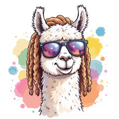 Llama wearing sunglasses with a cheerful expression on a transparent background, vector illustration