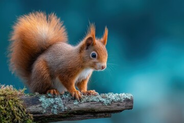 Obraz premium Adorable red squirrel perched on a mossy log, against a teal backdrop.