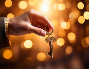 hand handing over the key to success on a blurred golden background