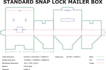 Standard Snap Lock Mailer Box DieCut Template Design Dimensions