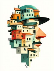 Naklejka premium Abstract artwork of a face composed of colorful stacked structures suggesting thought and urban integration against a white background.