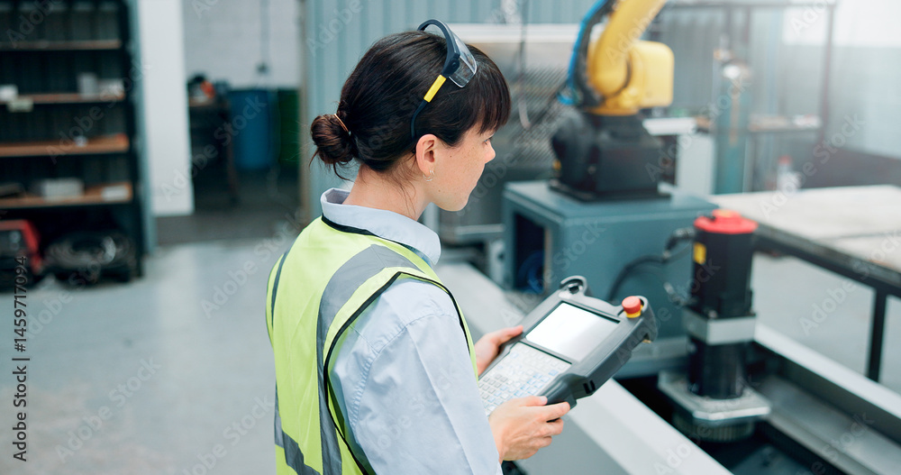 Poster woman, technician and tablet at machine factory for research, robotics update and technical guide. e