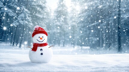 Fototapeta premium Winter Wonderland: A Cheerful Snowman in a Snowy Forest