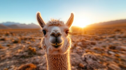 Obraz premium A curious llama looks deeply into the sunset-filled horizon, encapsulating the serene beauty of nature, curiosity, and the profound sense of wonder in the world.