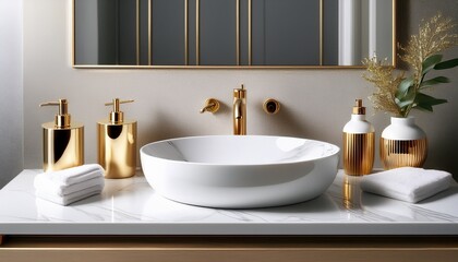 showcasing an elegant and modern bathroom vanity in a sleek white and gold color scheme featuring a ceramic sink a premium faucet a soap dispenser and other stylish accessories