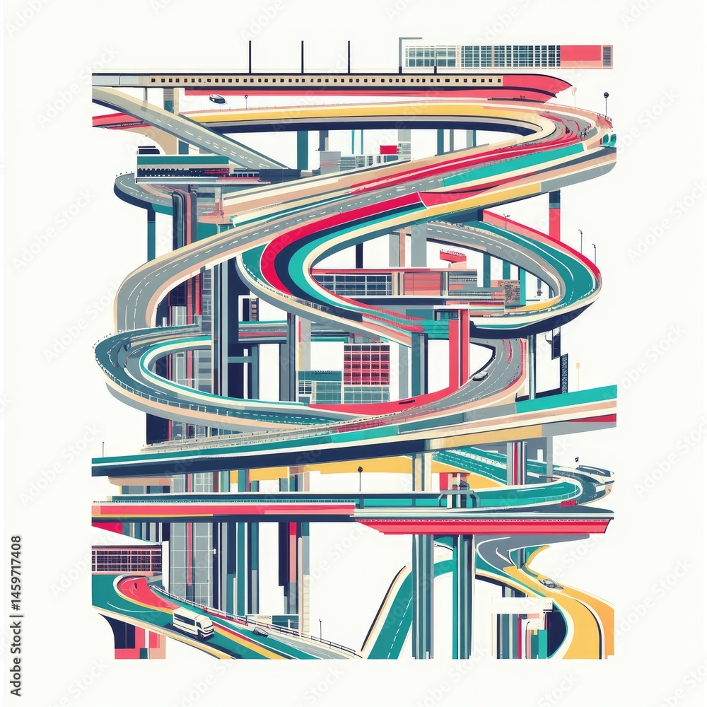 Poster abstract representation of an urban infrastructure featuring a complex network of elevated roadways 