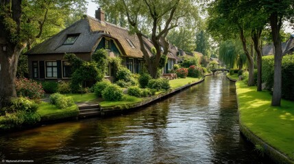Obraz premium Charming Giethoorn Village: Idyllic Canals and Traditional Thatched Houses Surrounded by Lush Greenery
