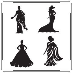 Elegant Woman Silhouette Vector Set &ndash; Fashion Female Figures in Gowns and Dresses, Black Isolated Icons for Beauty Design, Style Illustration, Bridal or Evening Wear Themes.

