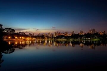 Fototapeta premium Ibirapuera: Sao Paulo's Twilight Skyline Beauty from Parque Ibirapuera, Capturing the Essence of Brazil's Night Sky