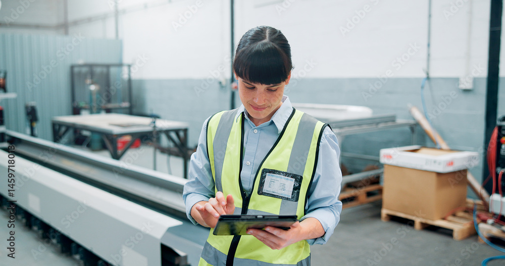 Poster robotics, tablet and woman in factory, checklist and engineering with manufacturing process. person,