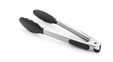 Close up of metal kitchen tongs with black grips on white background