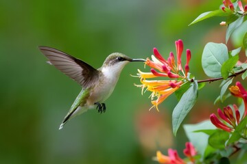 Colorful Female Ruby-Throated Hummingbird at Coral Honeysuckle Amidst Lush Greenery: A Beautiful Close-Up with Copy Space