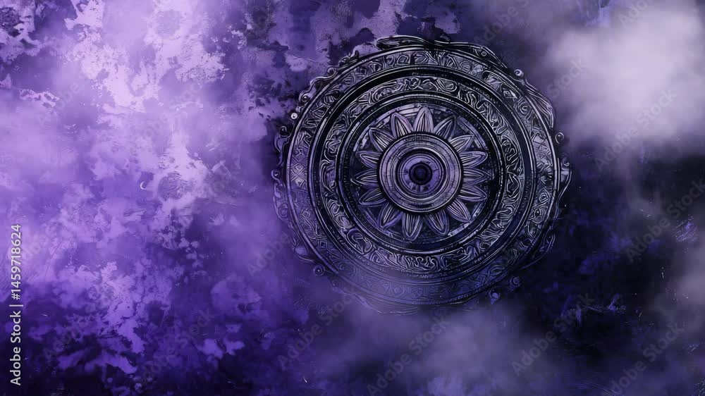 Poster purple and black background featuring a striking circular medallion with intricate design elements