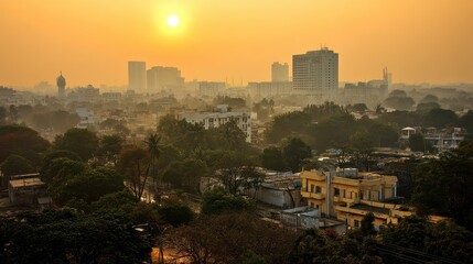 Obraz premium Scenic Hyderabad City Skyline at Sunrise: A Blend of Heritage and Modern Finance Buildings for Holiday Makers