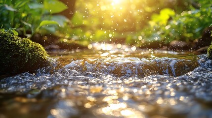 Fototapeta premium Sunlight streams through a crystal-clear brook