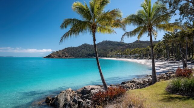 Stunning Tropical Paradise: Catseye Beach on Hamilton Island in Queensland, Australia with Crystal Blue Waters and Lush Palm Trees