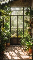 Vintage greenhouse with ivy-covered windows, an overgrown collection of ferns and exotic plants thriving inside -