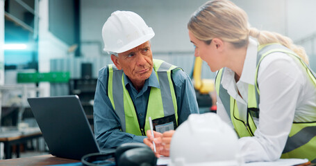 Teamwork, engineers and discussion with notes for planning, tech and communication at factory....