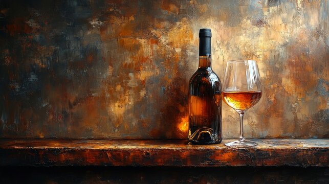 Vintage wine bottle and glass on a wooden table, rich amber hues, reflective surfaces, soft light accentuating the textures of the bottle and glass with room for text placement 