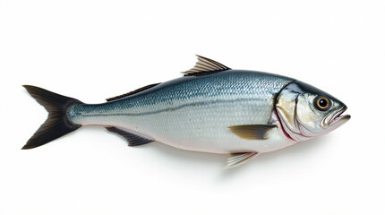 Naklejka premium Bluefish Side View on White Background. Realistic side view of a bluefish isolated on white background, ideal for food and marine concepts.